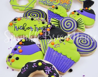 Wicked witch Halloween candy sugar cookies - purple green cookies - trick or witch cookies - halloween witch gift - halloween party favor -