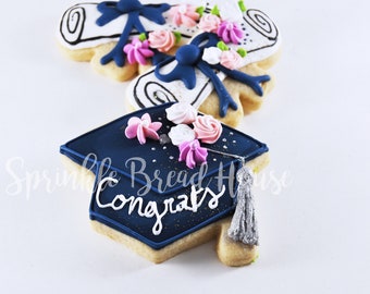 Graduation cookies - Personalized floral sugar cookies -graduation gift- congrats grad gift - diploma gift - graduation party favor