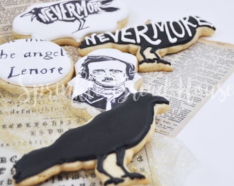 Edgar Allan Poe cookies - halloween sugar cookies - book lover gift cookies - literature -  writer gift - gothic gift - raven nevermore