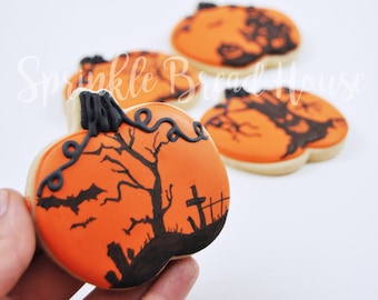 Halloween Painted pumpkin cookies - pumpkin spice cookies - Jack o lantern sugar cookies - spooky trick or halloween party favor -