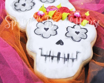 Large floral Sugar Skull sugar cookies - day of the dead cookies - dia de los muertos cookies - party favor - floral crown skull cookies