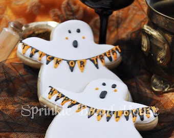 Large Halloween pumpkin spice Ghost cookies - cute halloween ghost sugar cookies - trick or halloween cookies - halloween party favor - gift