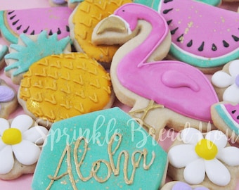 Aloha, pineapple, flamingo and watermelon tropical sugar cookies - summer birthday - fun gift - tropical summer party favor - luau party