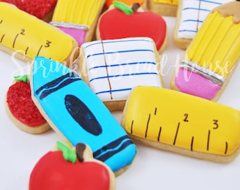 Mini galletas de azúcar de regreso a la escuela - regalo del maestro - regalo del primer día de clases - galletas de nota de lápiz de crayón de regla de manzana - regalo de regreso a la escuela
