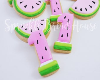 Mini Watermelon and number one sugar cookies - one in a melon cookies - one in a melon summer party - first birthday watermelon cookies