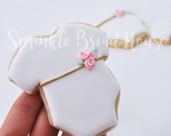 Elegant, simple minimalistic baby shower sugar cookies - floral baby cookies - baby clothes - pink baby shower favor cookies