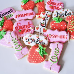 Personalized Strawberry cookies Sweet One First birthday cookies Number one sugar cookies Pink Strawberry birthday party favor image 1