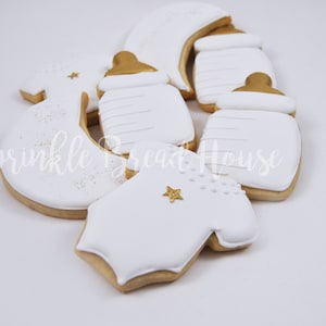 Sophisticated and elegant white and gold baby shower sugar cookies -  baby suit  bottle baby cookies - moon and stars baby shower favors