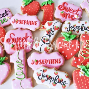 Personalized Strawberry cookies Sweet One First birthday cookies Number one sugar cookies Pink Strawberry birthday party favor image 2