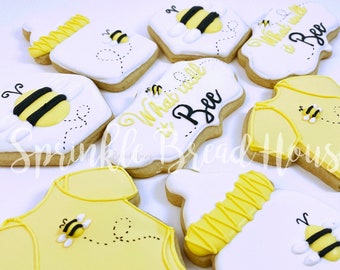 What will it be? Yellow Neutral Gender Reveal cookies - baby shower sugar cookies - bee baby cookies - bee baby shower party favors