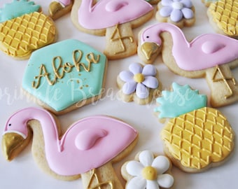 Galletas de azúcar tropical Pastel Aloha, piña, flamenco y sandía - cumpleaños de verano - favor de fiesta tropical - galletas de fiesta luau