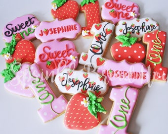 Personalized Strawberry cookies -Sweet One First birthday cookies - Number one sugar cookies  - Pink Strawberry birthday party favor