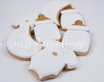 Sofisticadas y elegantes galletas de azúcar de ducha de bebé blanco y dorado - galletas de bebé de biberón de traje de bebé - favores de la ducha de bebé de luna y estrellas
