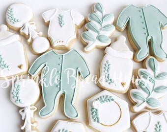 Galletas de baby shower de eucalipto verde salvia - baby shower de vegetación - favores neutros de fiesta de baby shower - galletas de bebé de la selva de vegetación de hojas