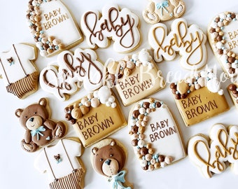 Vintage Baby Teddy bear cookies - Neutral baby shower cookies - Balloon Arch baby cookies - baby shower party favor - Teddy Bear party -