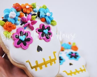 Large floral Sugar Skull sugar cookies - Day of the Dead cookies - Dia de los Muertos cookies -  party favor - Frida party cookies