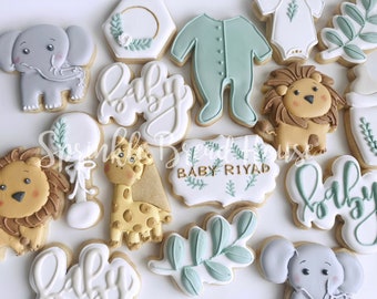 Jungle safari baby shower cookies -  greenery - jungle baby shower - baby shower party favors - fern - lion giraffe elephant baby cookies