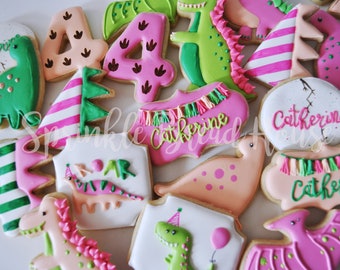 Personalized Pink Dinosaur cookies - Birthday girl Dinosaur party cookies - Girl dinosaur gift -  Dinosaur party favor - Dino cookies
