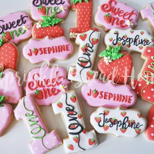 Personalized Strawberry cookies Sweet One First birthday cookies Number one sugar cookies Pink Strawberry birthday party favor image 4