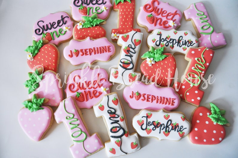 Personalized Strawberry cookies Sweet One First birthday cookies Number one sugar cookies Pink Strawberry birthday party favor image 4