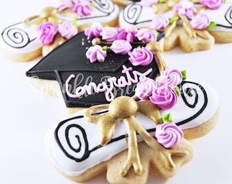 Galletas de graduación - Galletas de azúcar florales personalizadas - regalo de graduación - regalo de graduación de felicitaciones - regalo de diploma - favor de fiesta de graduación