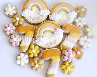 Galletas de fiesta de cumpleaños Retro Rainbow Groovy - galletas de poder de flores de los años setenta y sesenta - poder de las flores - favor de fiesta groovy - galletas hippies