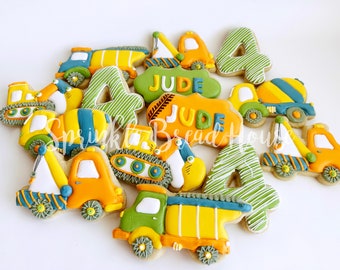 Galletas de fiesta de construcción personalizables - fiesta de camión de cumpleaños - grúa - excavadora de camión de cemento Favor de fiesta de camión volquete - regalo de cumpleaños