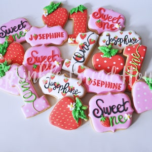 Personalized Strawberry cookies Sweet One First birthday cookies Number one sugar cookies Pink Strawberry birthday party favor image 10