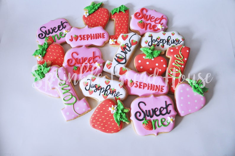 Personalized Strawberry cookies Sweet One First birthday cookies Number one sugar cookies Pink Strawberry birthday party favor image 10