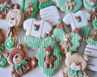 Baby Teddy bear cookies - Bear baby shower cookies - neutral green baby shower party favor - Teddy Bear party - Girl or Boy teddy bear
