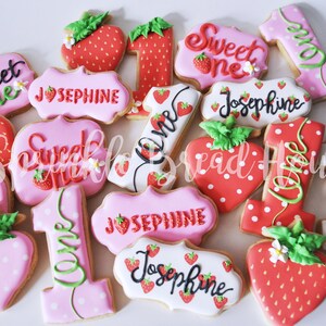 Personalized Strawberry cookies Sweet One First birthday cookies Number one sugar cookies Pink Strawberry birthday party favor image 5