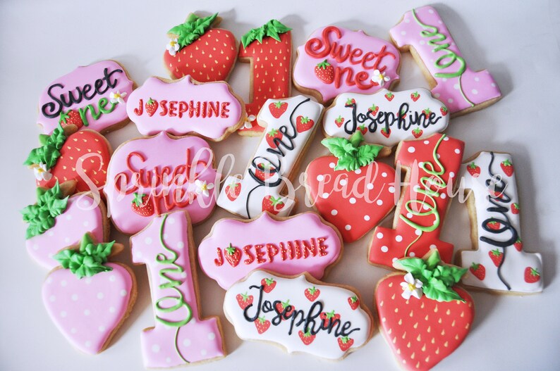 Personalized Strawberry cookies Sweet One First birthday cookies Number one sugar cookies Pink Strawberry birthday party favor image 5