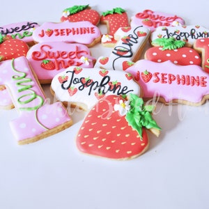 Personalized Strawberry cookies Sweet One First birthday cookies Number one sugar cookies Pink Strawberry birthday party favor image 9