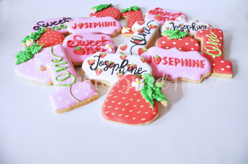 Personalized Strawberry cookies Sweet One First birthday cookies Number one sugar cookies Pink Strawberry birthday party favor image 9