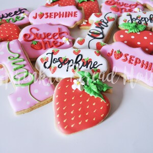 Personalized Strawberry cookies Sweet One First birthday cookies Number one sugar cookies Pink Strawberry birthday party favor image 7