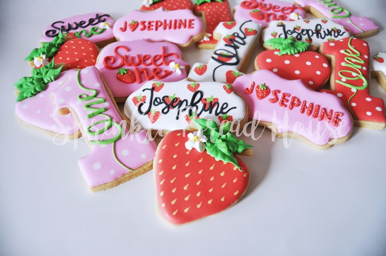 Personalized Strawberry cookies Sweet One First birthday cookies Number one sugar cookies Pink Strawberry birthday party favor image 7