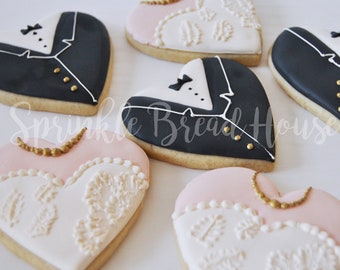 Bride and Groom wedding cookies - heart shaped wedding cookies - bridal shower party favor - shabby chic traditional wedding favor -