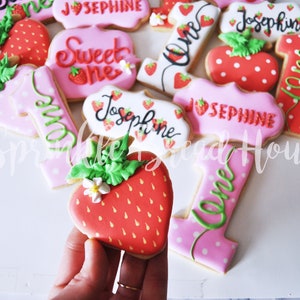 Personalized Strawberry cookies Sweet One First birthday cookies Number one sugar cookies Pink Strawberry birthday party favor image 3