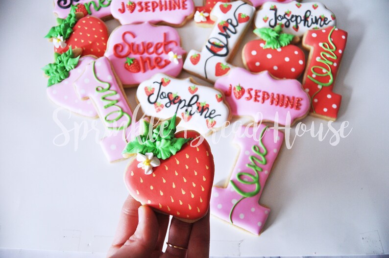 Personalized Strawberry cookies Sweet One First birthday cookies Number one sugar cookies Pink Strawberry birthday party favor image 3