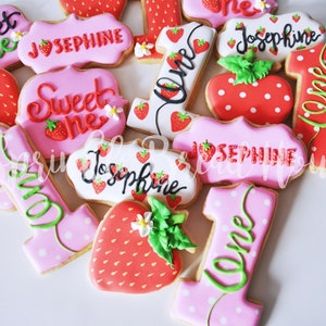 Personalized Strawberry cookies Sweet One First birthday cookies Number one sugar cookies Pink Strawberry birthday party favor image 8