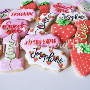Personalized Strawberry cookies Sweet One First birthday cookies Number one sugar cookies Pink Strawberry birthday party favor image 6