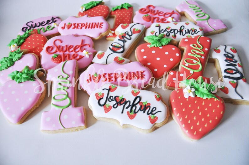 Personalized Strawberry cookies Sweet One First birthday cookies Number one sugar cookies Pink Strawberry birthday party favor image 6