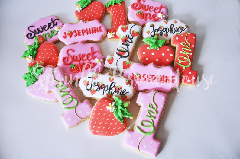 Personalized Strawberry cookies Sweet One First birthday cookies Number one sugar cookies Pink Strawberry birthday party favor image 1