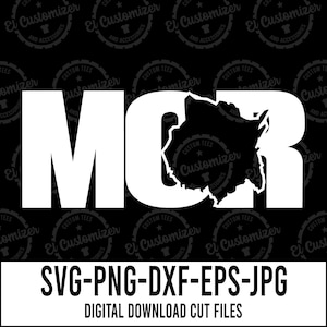 Peut inclure: Un design graphique blanc sur fond noir avec les lettres "MCR" en gras. Le "C" est une silhouette de l'état du Missouri. Le texte "SVG-PNG-DXF-EPS-JPG" est sous le graphique. Le texte "DIGITAL DOWNLOAD CUT FILES" est sous le texte précédent.