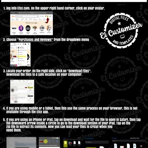 May include: A black and white graphic with instructions on how to download digital files from Etsy.com. The graphic includes screenshots of the Etsy website and a mobile device.