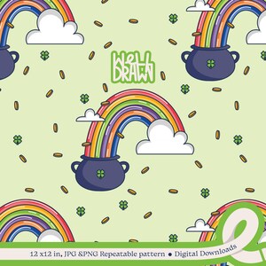 Może przedstawiać: Wzór bez szwów przedstawiający tęczę z garnkiem złota na końcu. Tło jest jasnozielone z rozrzuconymi złotymi monetami i koniczynkami. Tekst "Well Drawn" znajduje się w środku wzoru.