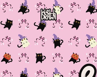 Witch Cat Halloween Seamless Pattern: Kawaii Spooky Print (JPG PNG Digital Download