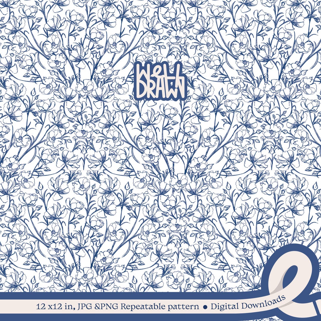 Spring Toile Blue Blue Floral Toile Seamless Pattern: Spring Botanical Design (digital ...