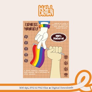 May include: A cartoon illustration of two hands holding a rainbow flag. The flag has the text "Express Yourself" on it. The background is a light brown with a grid pattern. The text "100% Natural" is in a starburst shape.