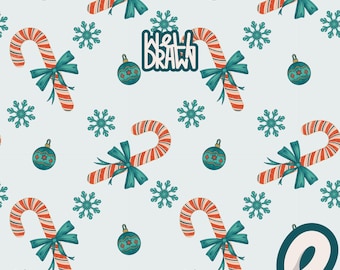 Candy Cane Christmas Pattern: Teal Ornaments, Snowflakes (Digital Download)